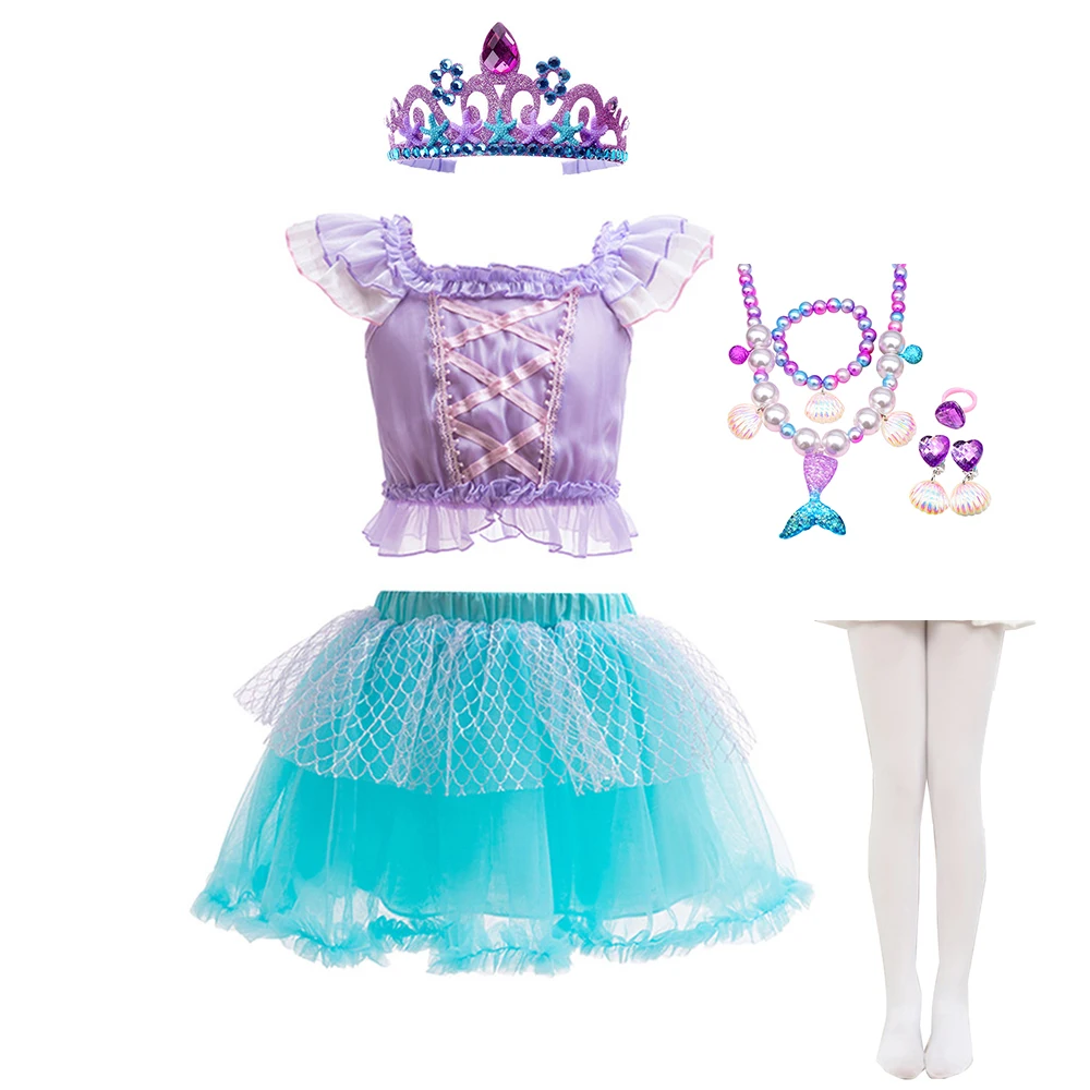 Disney Girl Princess Mermaid Ariel Snow White Costume Tutu Dress 2PCS Set Flying Sleeve Birthday Carnival Party Toddler Outfits