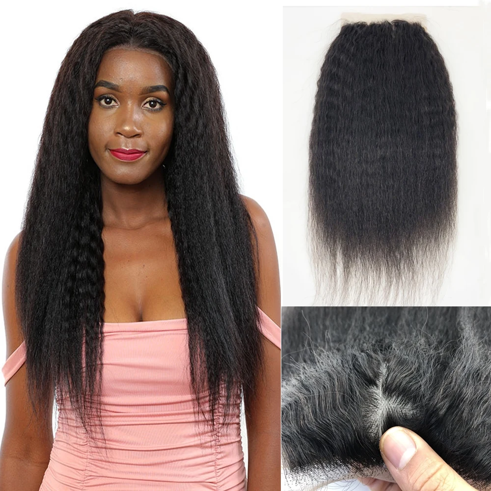 5x5 Kinky Straight Human Hair Closure Silk Base Yaki PU Silk Top Lace Closure Mongolian Remy Hair Extension Natural Black