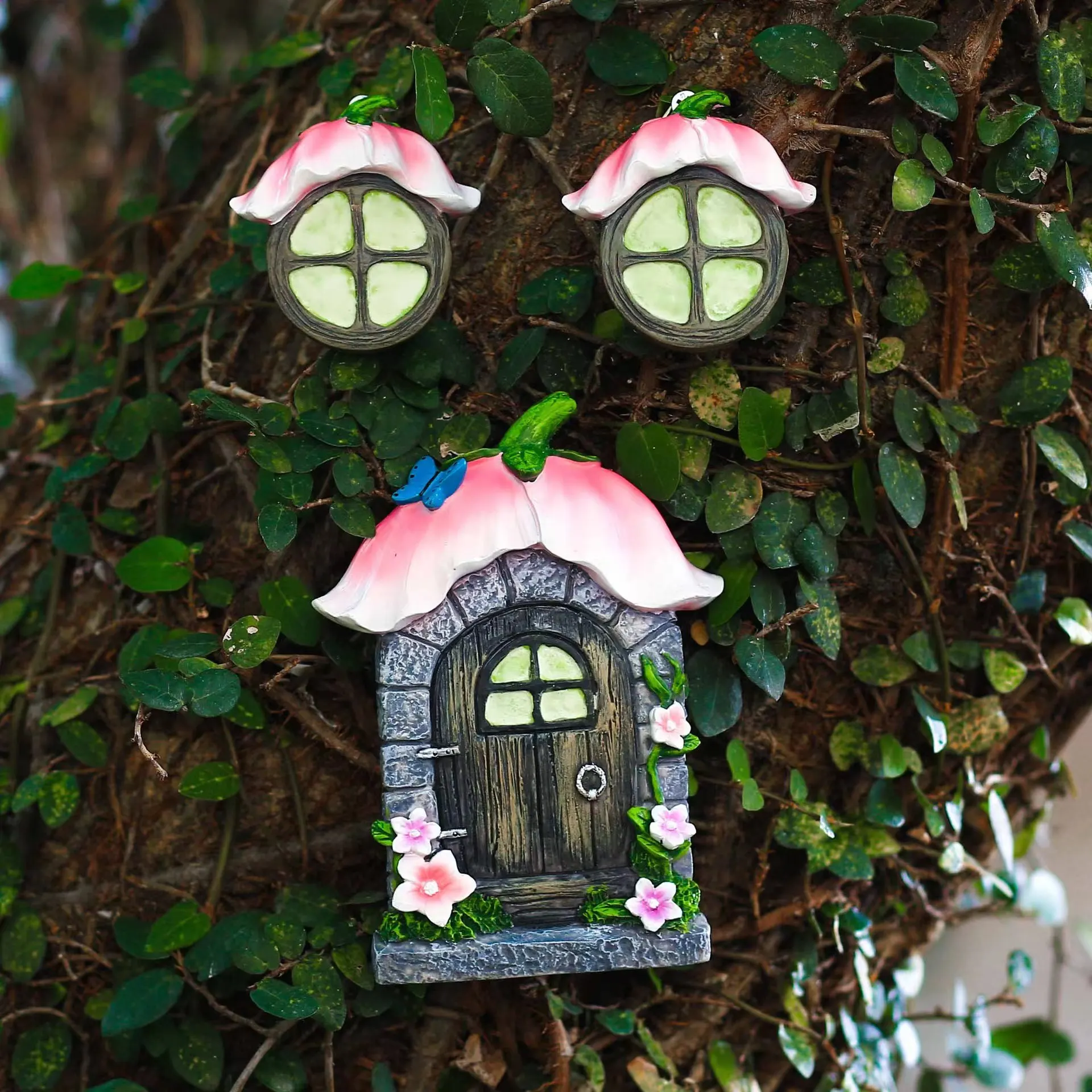 

Fairy Resin Fluorescent Tree House Decoration Creative Door Window Home Yard Garden Courtyard Landscape Tree Ornament Pendants