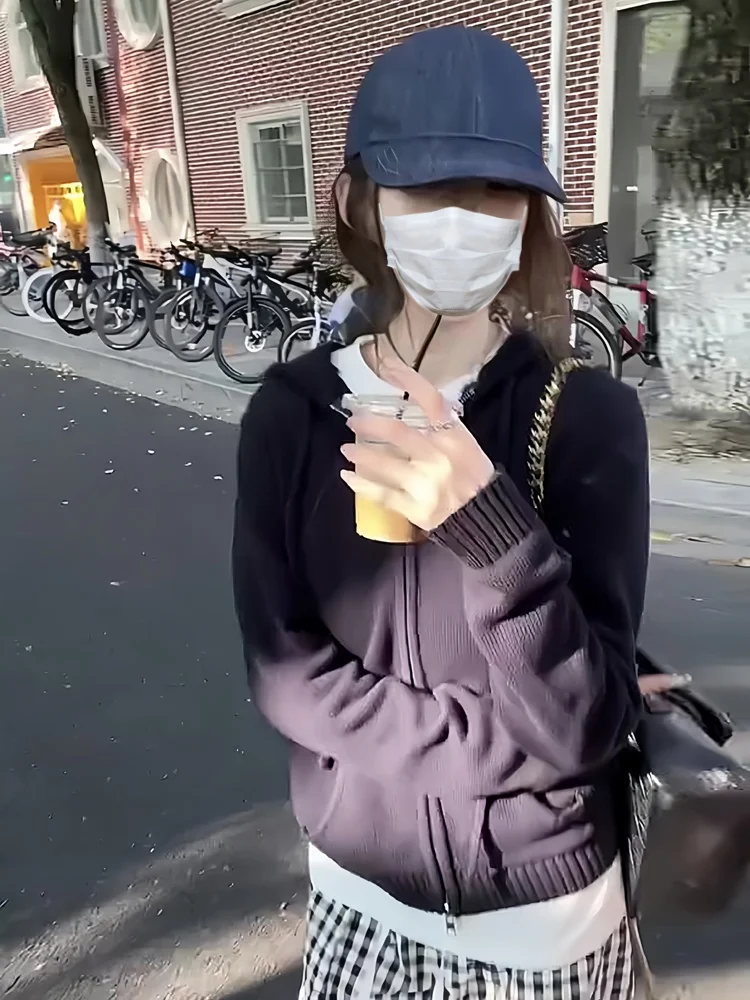 Hood Kangaroo Pocket Double Zipper Knit cardigan 2024 Autumn New Korean Series Leisure Wind Joker Top Outerwear Women