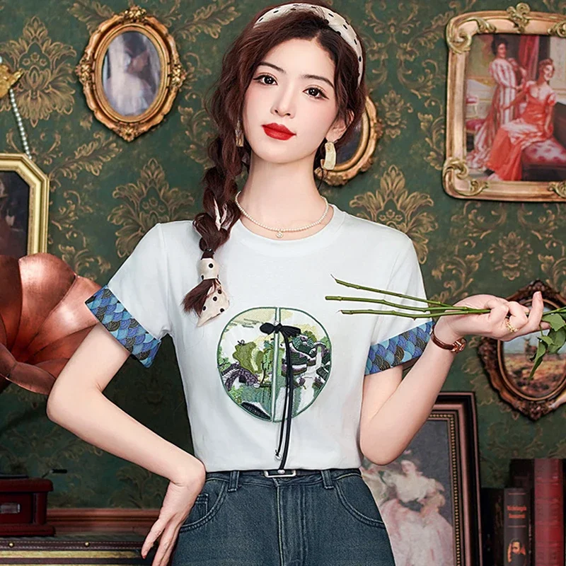 Летняя женская блузка с круглым вырезом и коротким рукавом белая бахромой