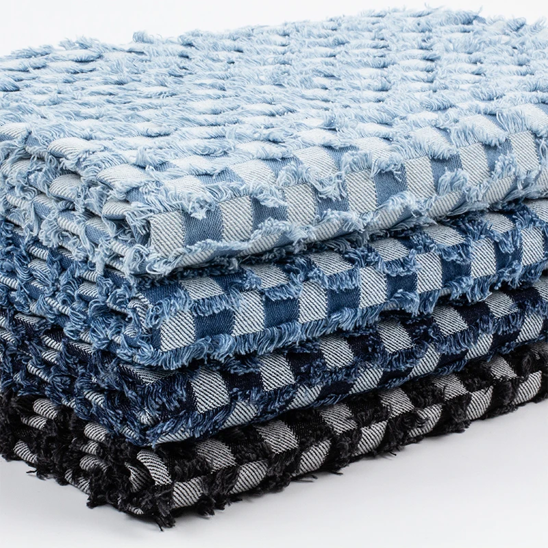 

Jacquard Denim Washable Fabric Checkerboard Tassel Diy Bag Coat Dress Trench Coat Designer Sew Cloth Fashion Wholesale Material