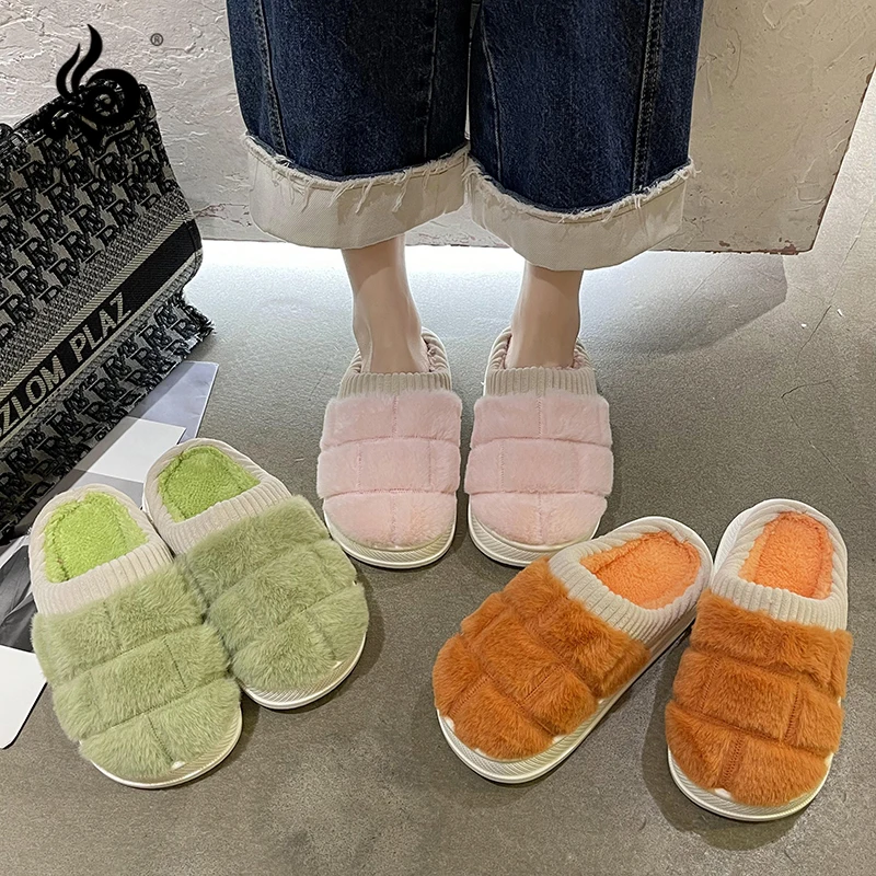 

STRONGSHEN Soft Plush Women Cotton Slippers Non-Slip Floor Indoor Home Furry Slippers Female Floor Shoes Bedroom Hotel Flip-flop