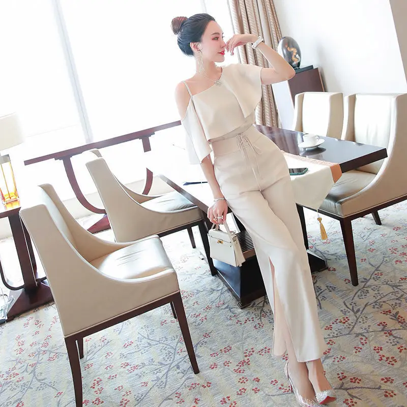 

Women 2022 Summer Fashion Two Piece Sets Female High Waist Wide-leg Pants and Sexy Off-shoulder Solid Tops Ladies Suits R74