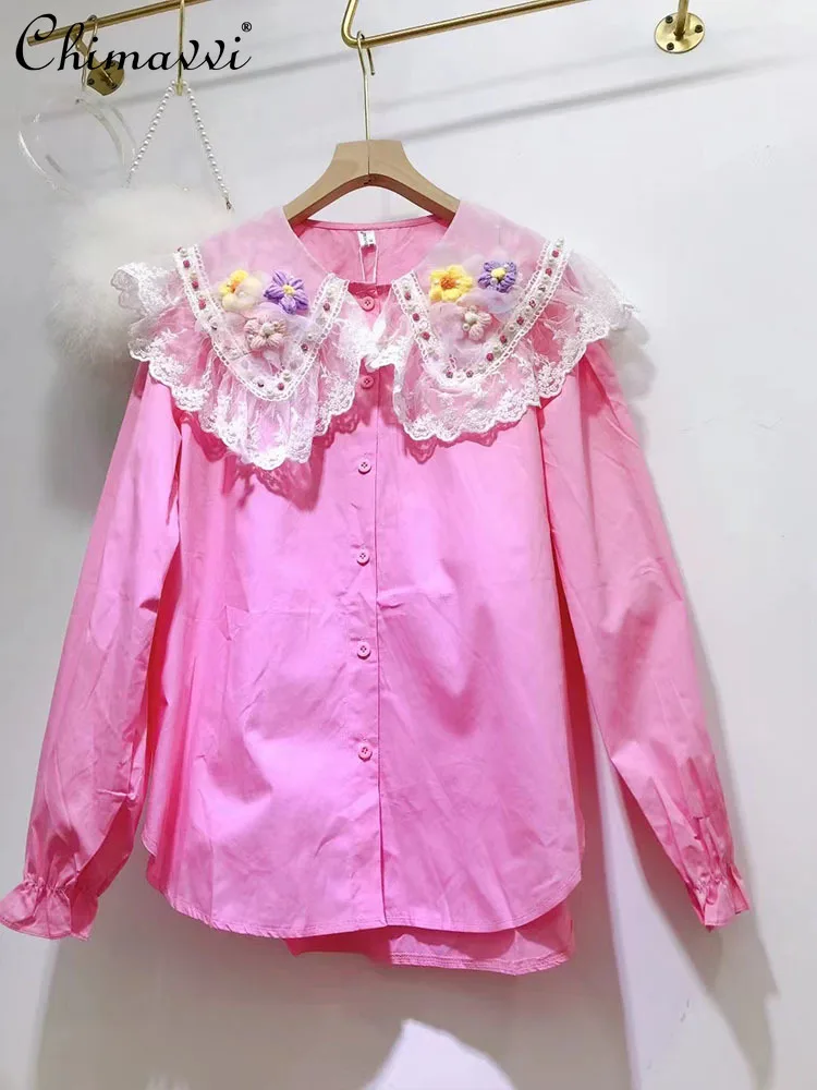 

Long Sleeve Shirt for Women 2022 Autumn New Korean Fashion Sweet 3D Flower Lace Peter Pan Collar Loose Slim All-Matching Bloues