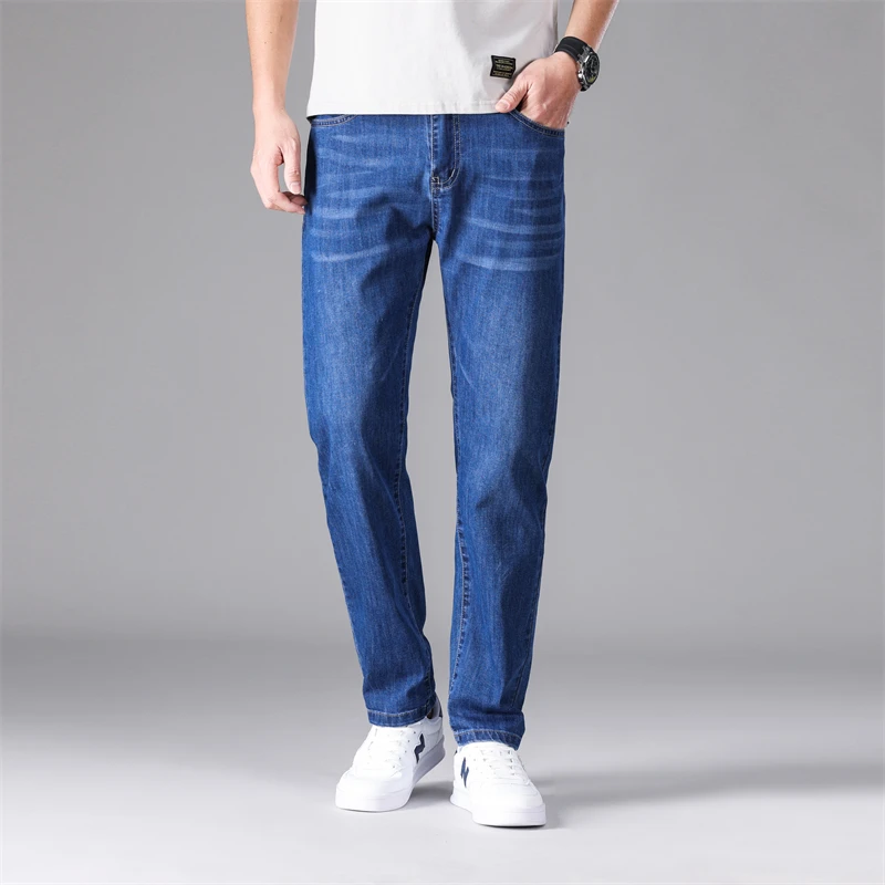 Straight Pants Men's New Summer Jeans Men Elastic Slim Fit Small Straight Casual Pants Men's Simple Fashion Business Jeans