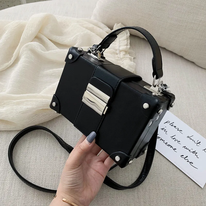 

New Arrival Pu Leather Small Square Bag Box Shaped Metal Hasp Rivet Casual Simgle Women Fashion Tide Simple Handbags