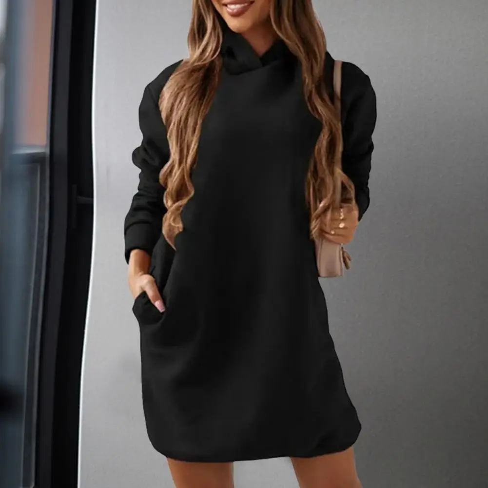 

Fashion Hoodie Dress Warm Coldproof Pullover Dress Simple Casual Pure Color Hoodie Mini Dress