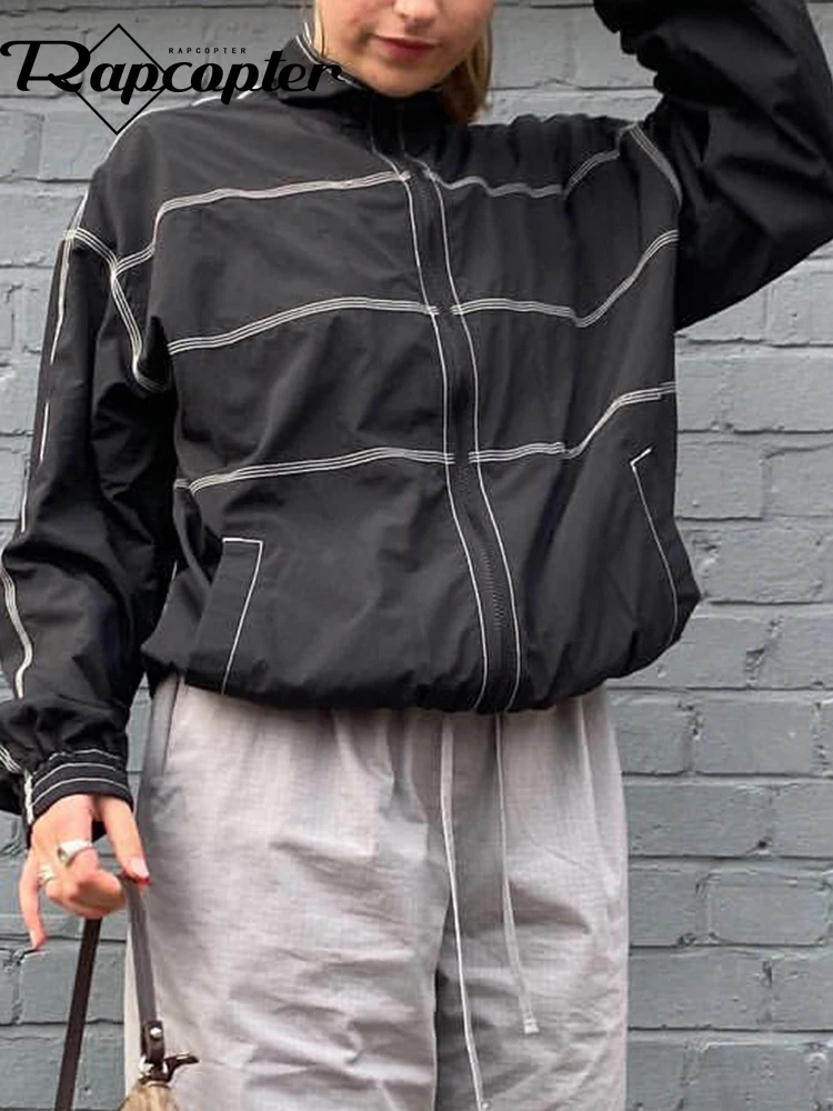 

Rapcopter Y2K Zipper Contrast Cargo Jackets Turn-Down Collar Casual Grunge Coat Women Full Sleeves Outfits Korean Aesthetic New