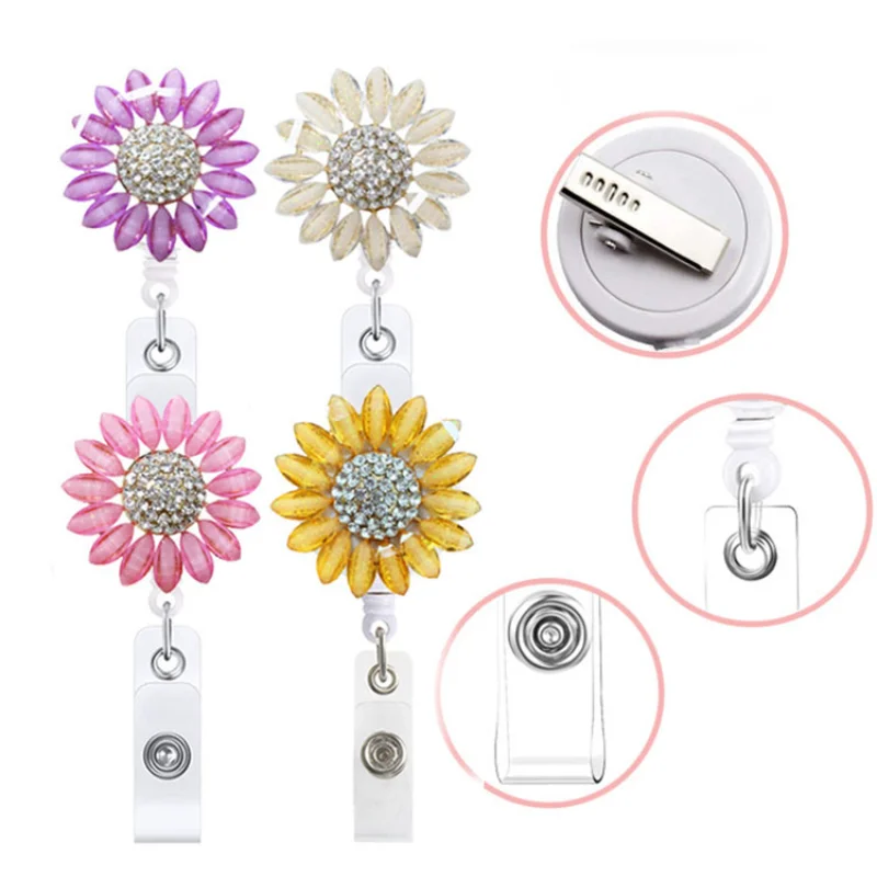 

Retractable ID Name Easy Pull Lanyard Metal Sunflower Diamond Badge Reel Identification Badges Work Pass Bus Card Holder Clip