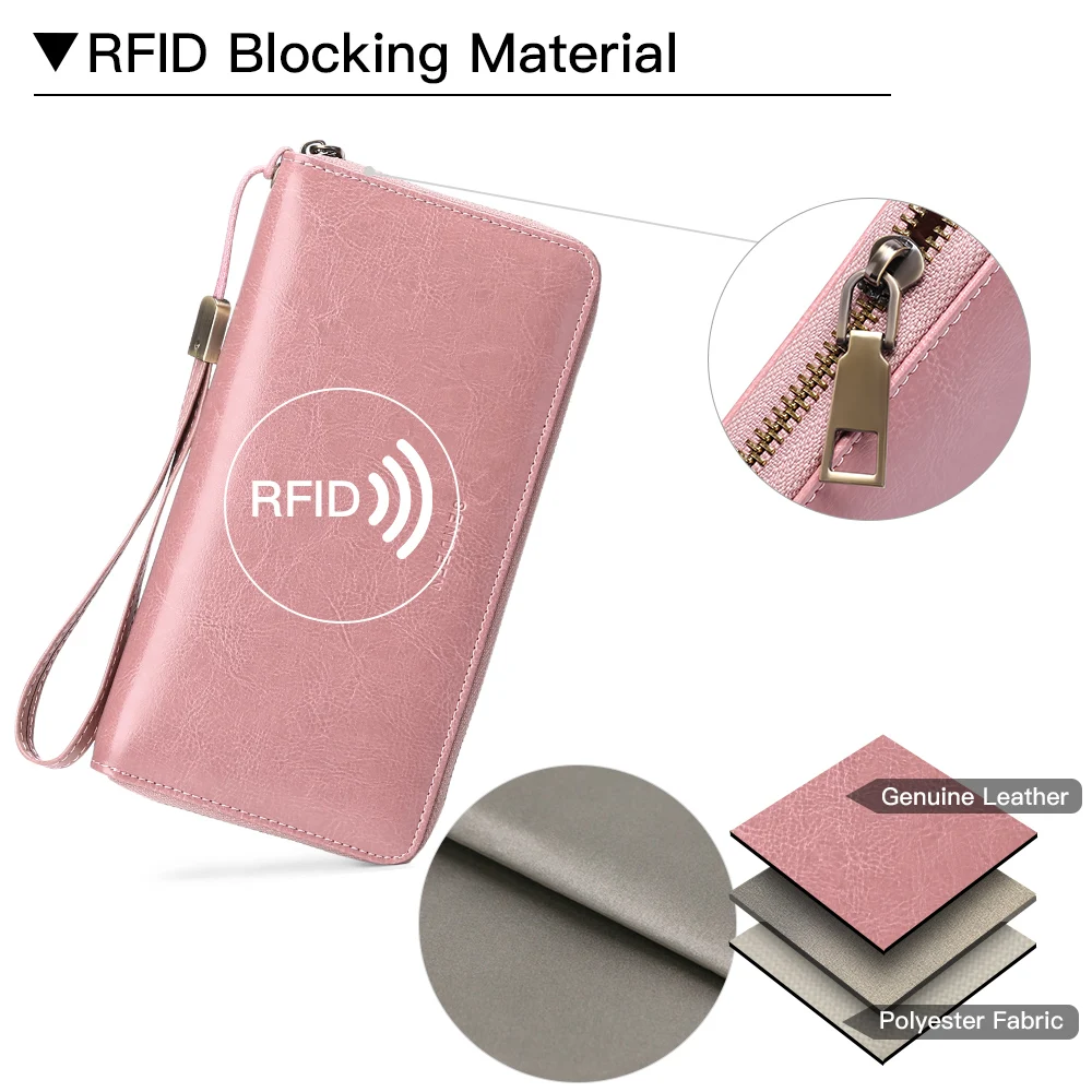 Wallets for Women Large Capacity Zipper Coin Purse Genuine Leather Card Holder Multi Card Organizer Cell Phone Wristlet Handbag