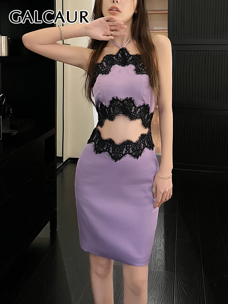 

GALCAUR Hit Color Sexy Dresses For Women Halter Sleeveless Off Shoulder High Waist Hollow Out Slim Bodycon Mini Dress Female New