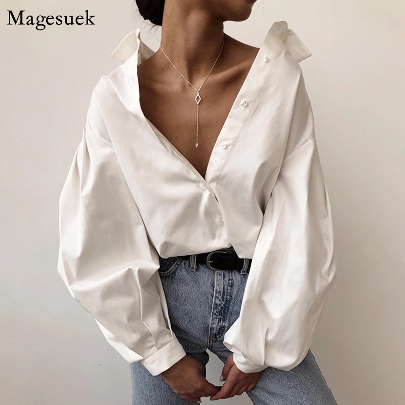 

Casual Vintage Sexy Button White Blouse Women Lantern Sleeve Oversized Loose Women Shirt Cotton Office Ladies Tops Blusas 10903