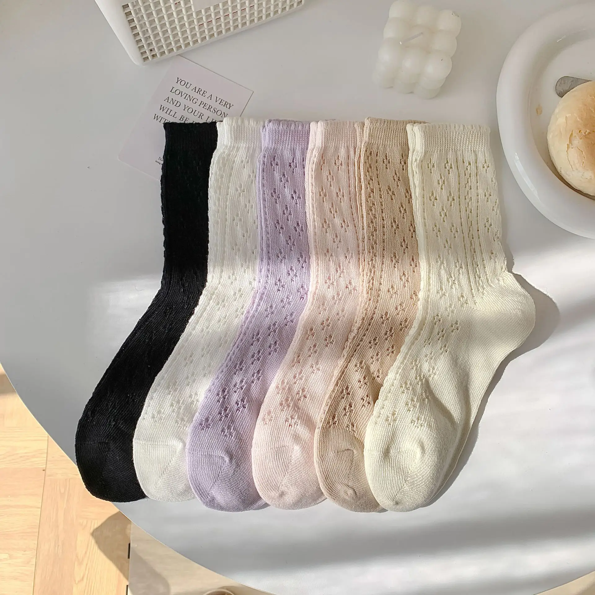 

Solid Color Women Socks Hollow Out Breathable High School Girls Cotton Long Socks Korean Fashion Summer Thin Harajuku Crew Socks