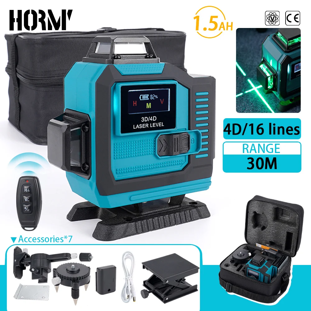 Прецизионный 4d Лазерный Уровень Hormy 16 Линий Зеленый Лазер Usb-кабель Зарядное