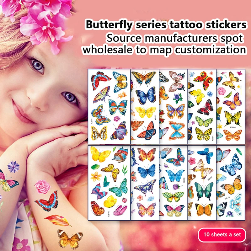

10 Pcs Waterproof Kids Cartoon Tattoo Stickers New Colorful Butterfly Tattoo Stickers Personalized Fashion Temporary Tattoos