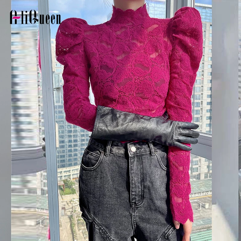 

Весенняя женская черная пикантная кружевная блузка, элегантные женские винтажные красные топы с пышными рукавами, корейские модные блузки,...