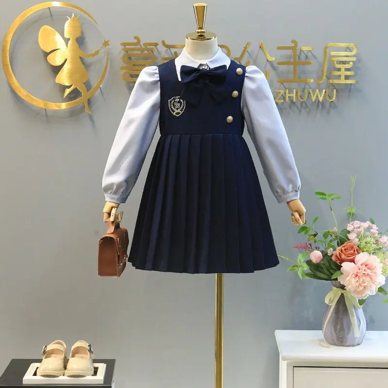 

College style girls suit 2022 spring and summer new British style pleated dress shirt children two-piece set
