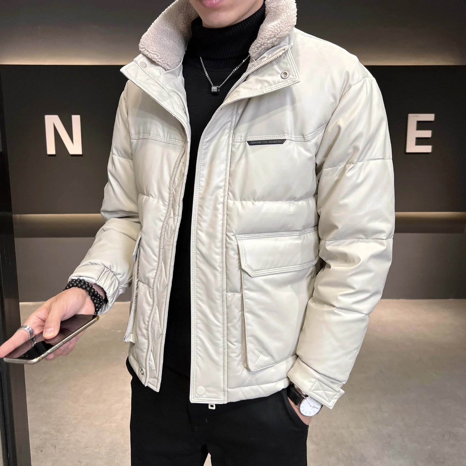 Winter Men White Duck Down Jacket Business Casual Motorcycle Pu Leather Fur Collar Stand Collar Warm Down Jacket Coats for Male