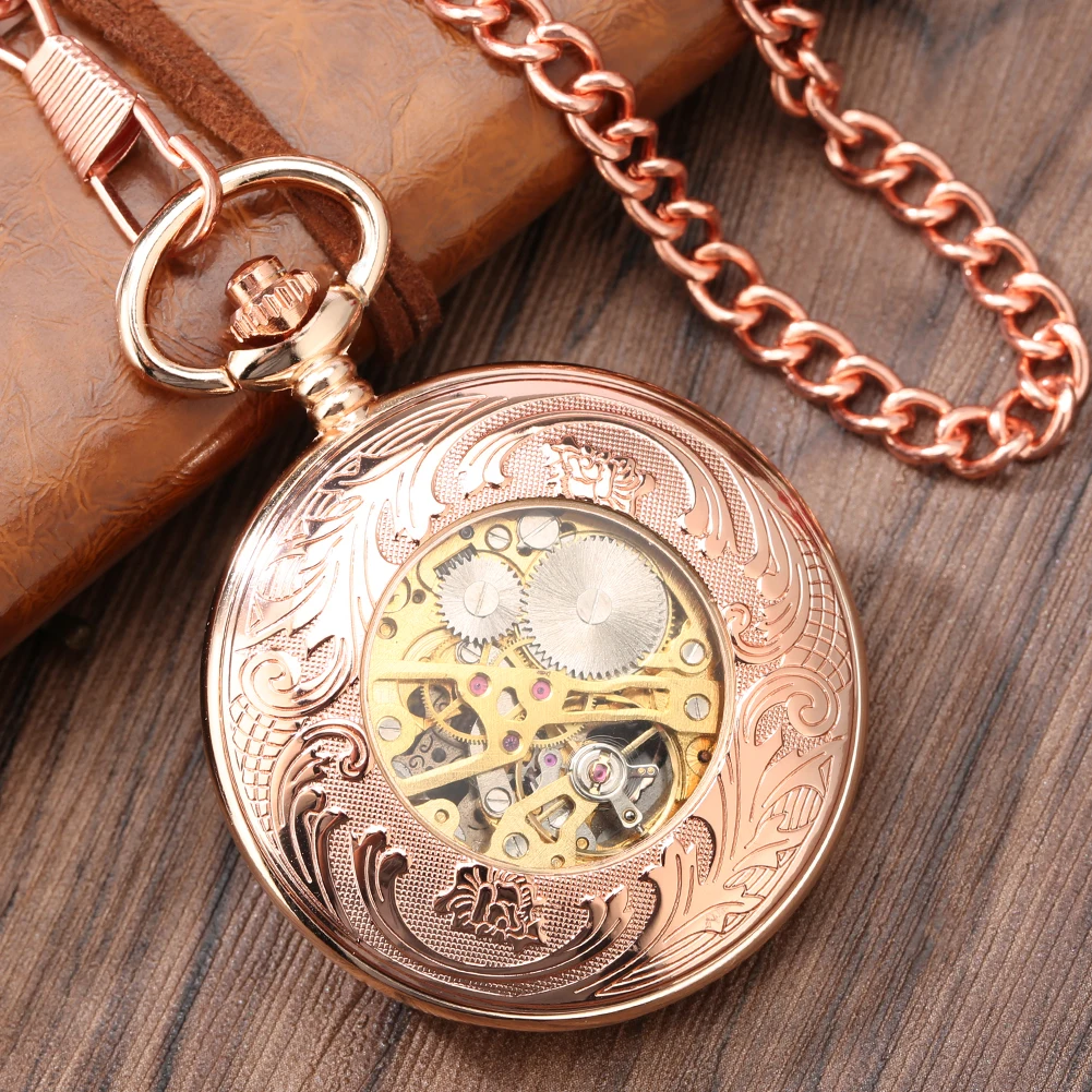 Hollow Rose Gold Flower Pattern Mechanical Hand-Wind Pocket Watch Roman Numerals Dial Elegant Manual Pocket Clock Fob Chain