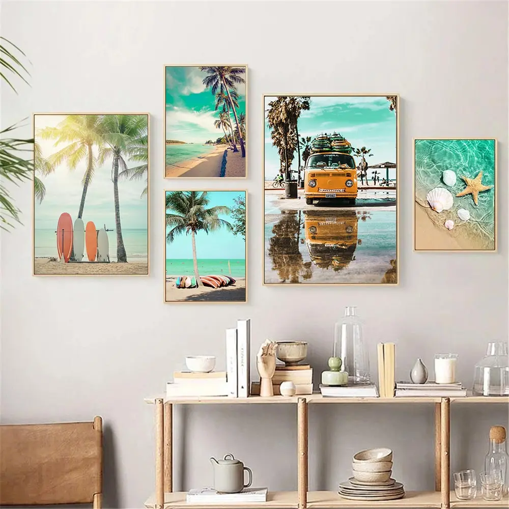 

Summer Beach Travel Landscape Wall Art Poster Yacht Touring Car Canvas Painting Starfish Shell Coconut Tree Art Print Home Decor
