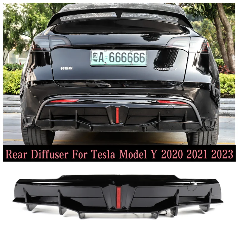 

For Tesla Model Y 2020 2021 2023+High Quality ABS Black Car Trunk Bumper Rear Diffuser Spoiler Protector Cover(Pilot light)