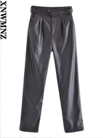 xnwmnz womens fashion faux leather straight trousers with belt autumn winter womens retro high waist pu straight leg pants