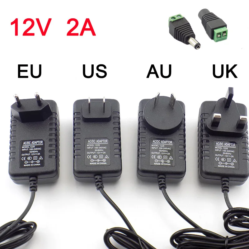 

AC DC 12v 2A 2000ma adapter power supply adaptor EU UK AU US PLUG 5.5*2.5mm wall charger for DC male female led strip light lamp