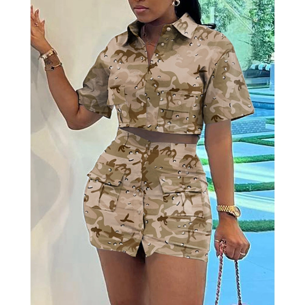 Summer Women Camo Print Cargo Pocket Short Sleeve Crop Top & Mini Skirt Sets Slim Fit Casual 2 piece Sets Outfits Streetwear