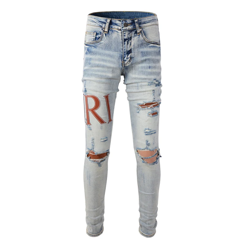 

Street Fashion Men Jeans Retro Light Blue Elastic Slim Fit Patches Designer Ripped Jeans Men Hip Hop Destroyed Hole Denim Pants