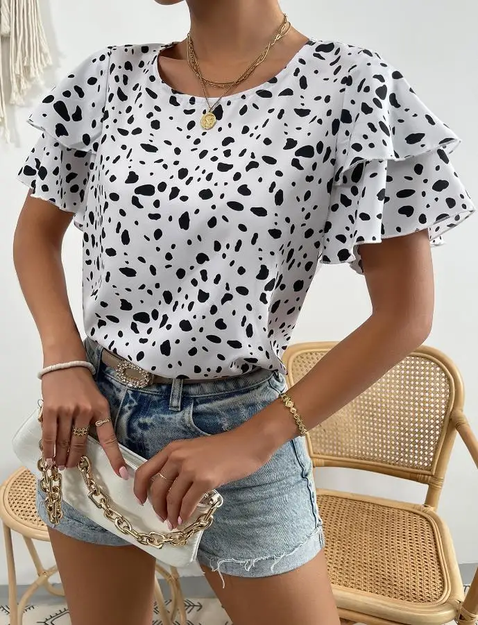 

Fashion Woman Blouse 2023 Summer New Fashion Wave Dot Print Round Neck Short Sleeve Top Comfortable and Casual Basic Versatile