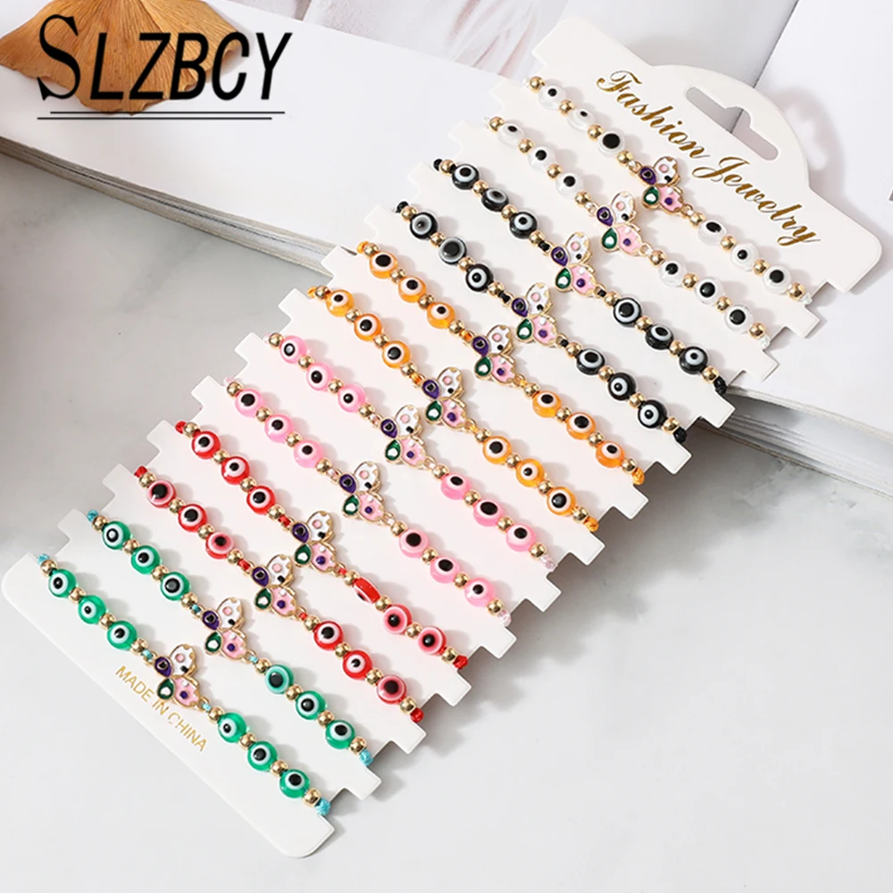 

12 Pieces Evil Eyes Crystal Bead Charm Bracelets for Women Adjustable Butterfly Pendant Elastic Anklet Party Mal De Ojo Jewelry