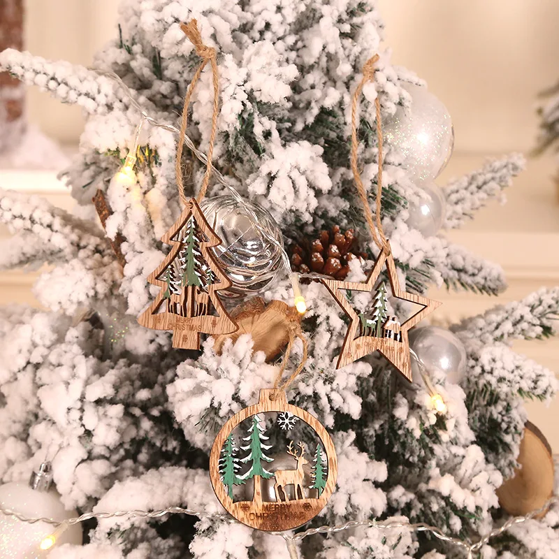

Creative new Christmas tree three-dimensional hollow elk pendants Christmas color wooden round six-piece set of ornaments