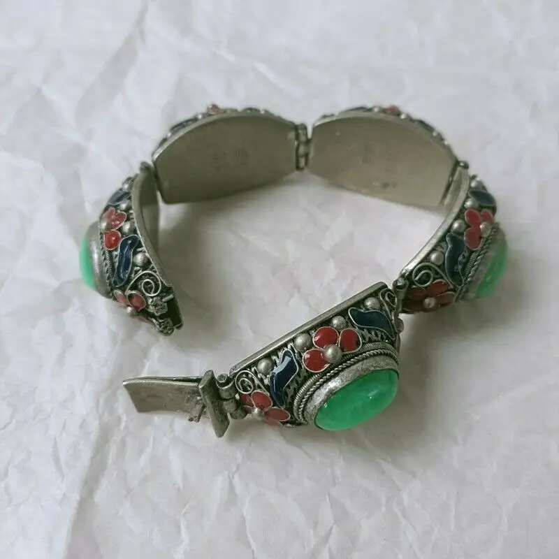 

Exquisite Old Chinese tibet silver Cloisonne inlay jade handmade Bracelet 68012