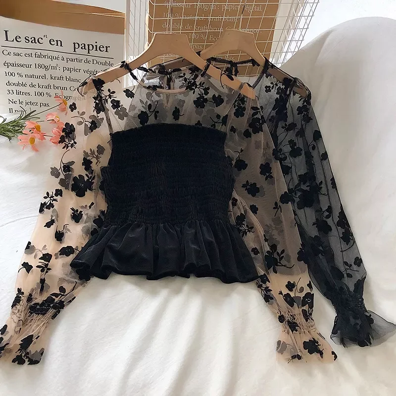 

2021 Autumn Velvet Blouse Women Mesh Floral Sleeve Patchwork Shirts Tops Female OL Casual Blouses Korean Elegant Blusas Mujer