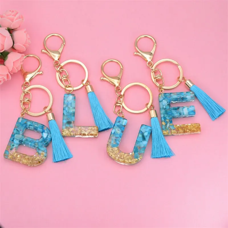 

Blue Tassel Keychain Men Women Epoxy Resin Cars Bags Gift Pendant Simple New 26 English Letters