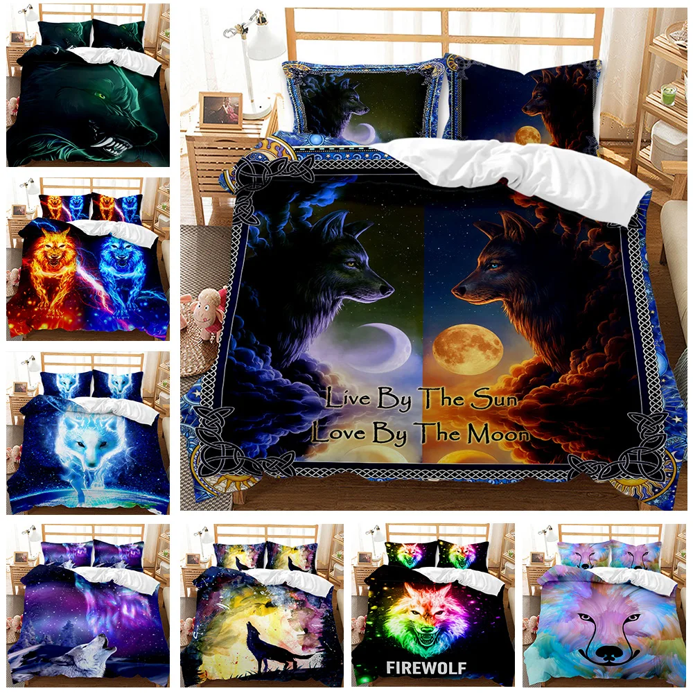 

Wolf Duvet Cover Set Sun and Moon Twin Wolf Printed Wildlife Animal Wolf Bedding Set for Teen Double Queen King Size Qulit Cover
