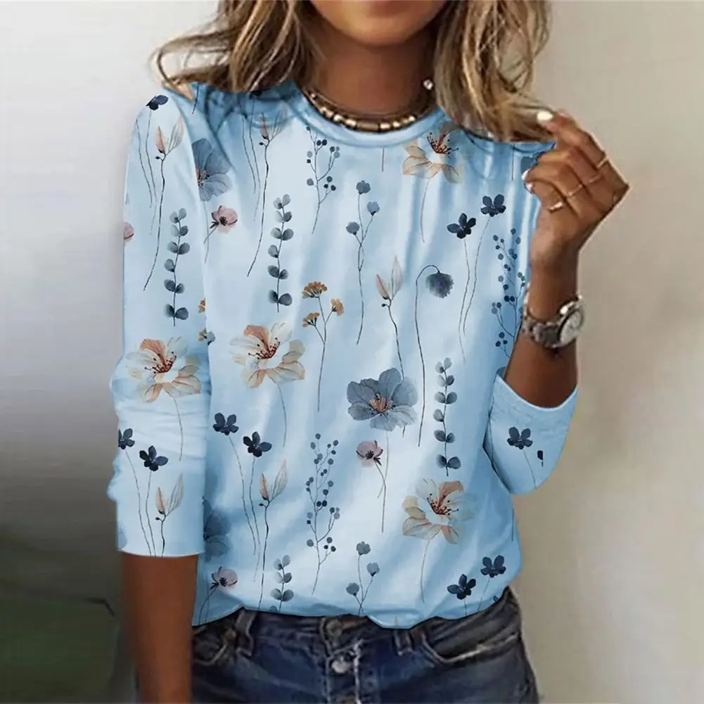 

Women Blouse Spring Autumn O-Neck Long Sleeve Lady T-shirt Floral Print Elastic Breathable Tops Streetwear