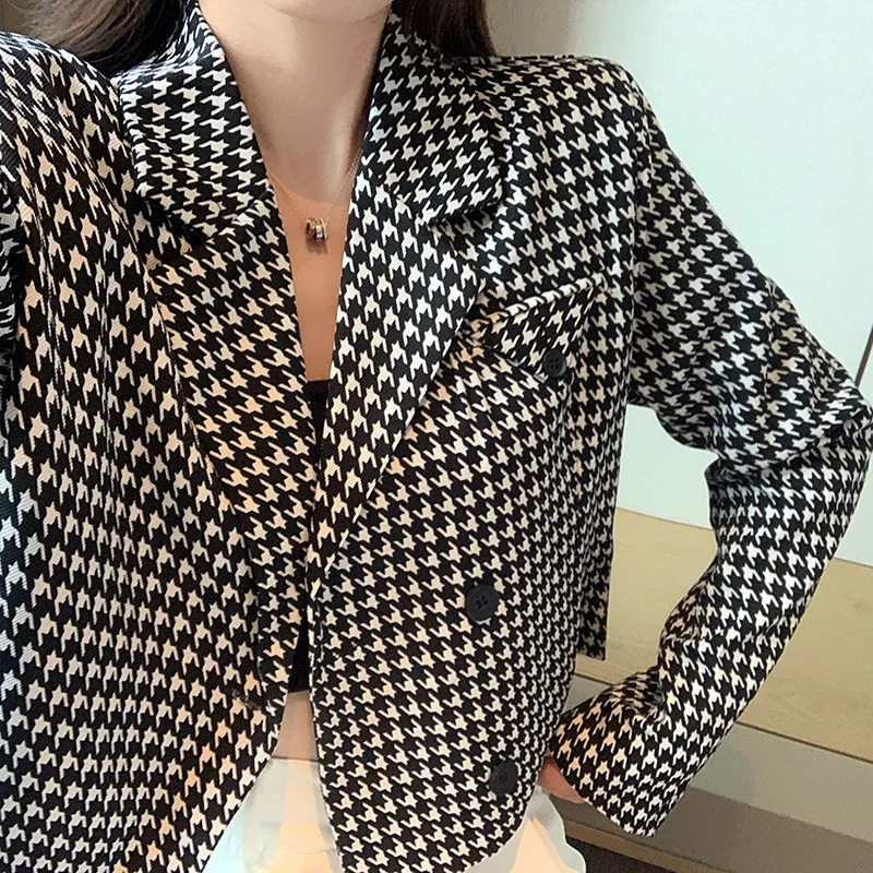 Fashion Houndstooth Blazer Suit Women Single Breasted All-Match Casual Office Blazer Office Lady 2021 New Commute Plaid Suit
