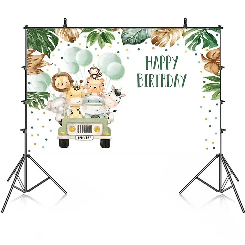 

Cute Zoo Animals Wild Christing Birthday Backdrop Photography Baby Shower Boys Blue Background Party Banner Custom Name Pic