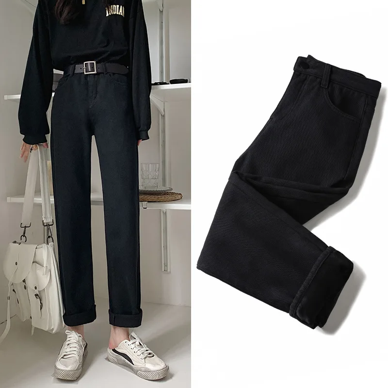 Black New Women Fleece High Waist Straight Jeans Slim Body Wide Leg Daddy Pants 2021 Woman Korea Plush Jean Oversize Denim Pant