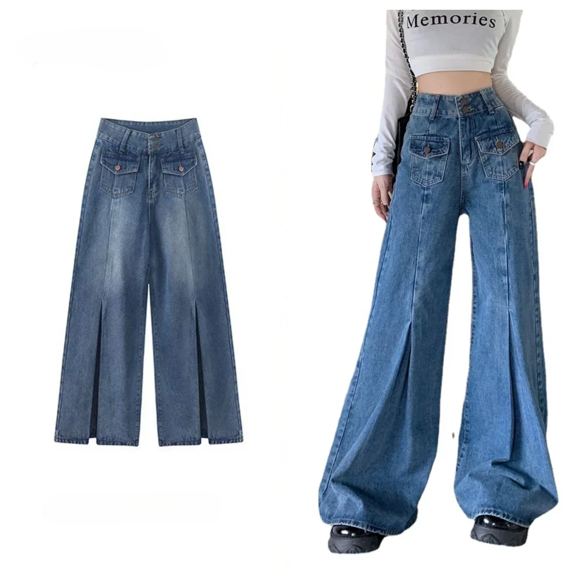 

Женские джинсы с плиссированными расклешенными штанинами, небольшие брюки-ботинки из денима с колокольчиком, джинсовые брюки y2k с высокой талией, стандартные широкие синие джинсы, одежда