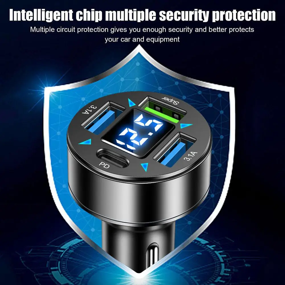 Адаптер питания для IPhone E5R5 66 Вт 4 порта Синяя подсветка QC3.0 Тип C быстрая зарядка