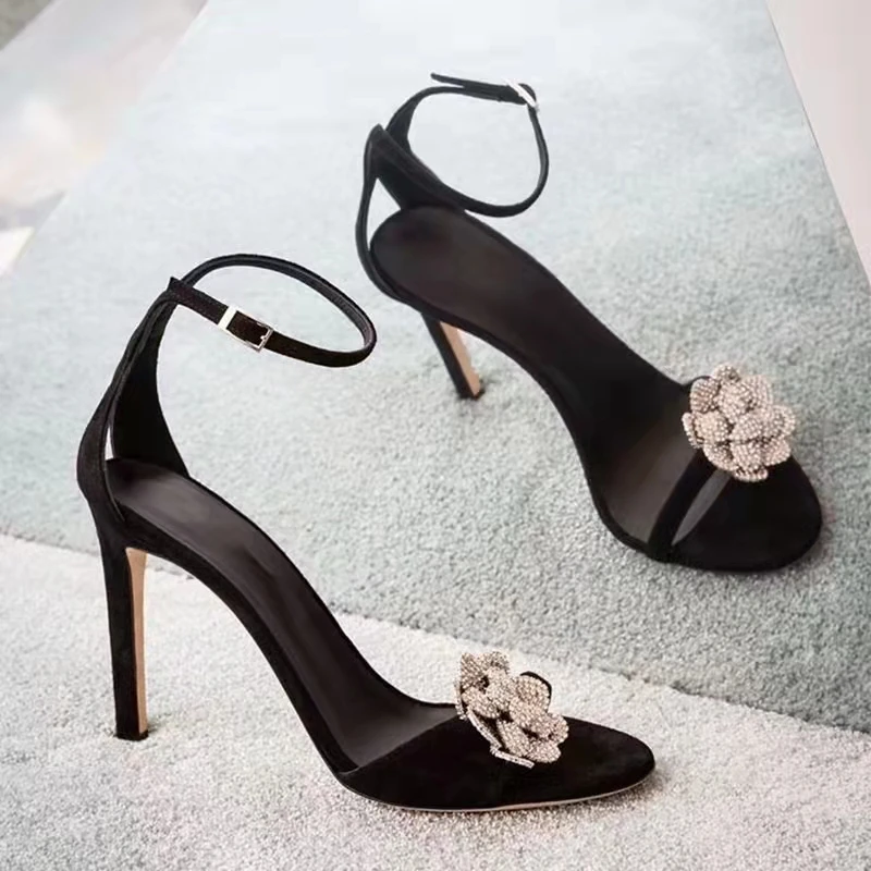 

Flower Rhinestone Sandals Open Toe Round Head High Heels Ankle Strap Stiletto Women Shoes Party Dress Female Pumps
