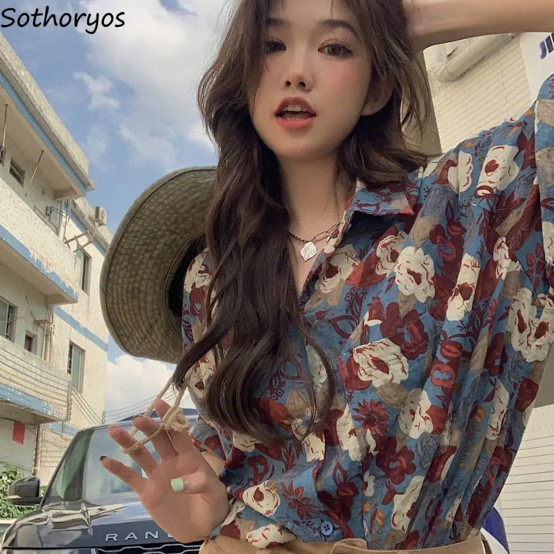 

Shirts Women Floral Design Personality Popular Korean Style All-match Loose Streetwear Summer Hipster Retro Leisure Daily Cozy