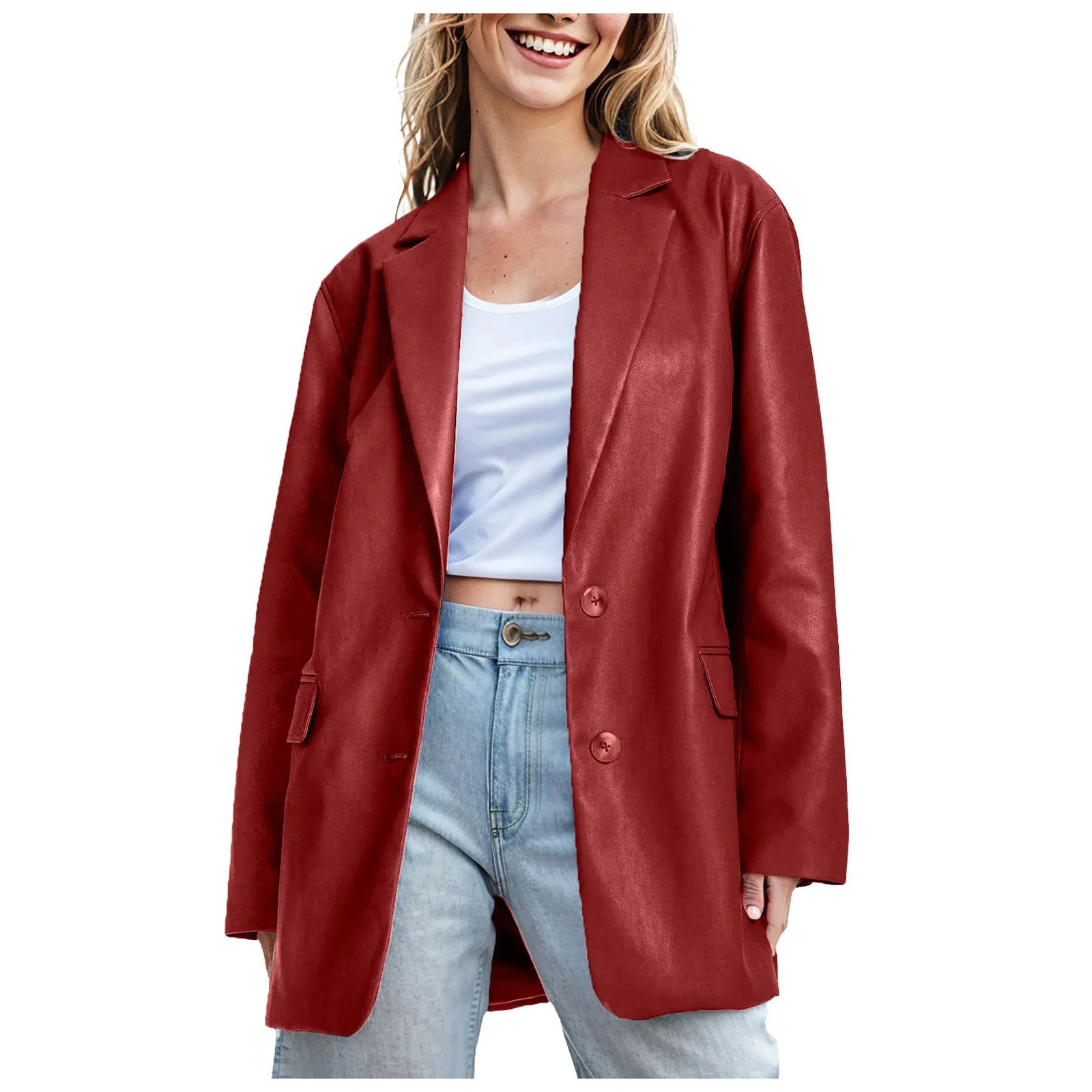 Женский пиджак из искусственной кожи с индивидуальным воротником и длинными