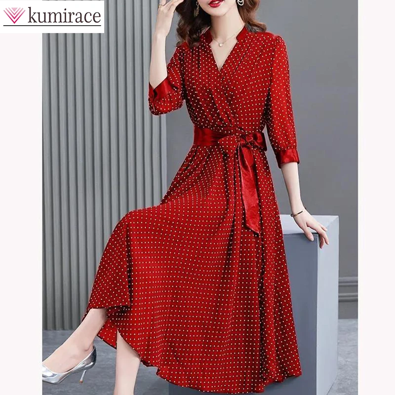

Chiffon Dress 2022 Summer New High-end Long Skirt Elegant Women's Long Skirt Seven Sleeve Skirt Belt Casual Dresses for Women