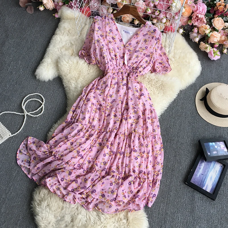 

Y2K Solid Vintage Beach Maxi Long Pleated Party Sweet Casual Korean Girl Cascading Ruffle Spring Summer V Neck Festa Dresses