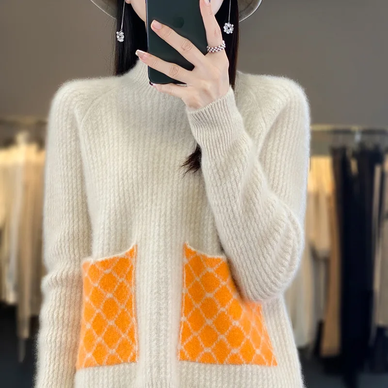 

Шерстяной свитер с полувысоким воротником, элегантный свободный кашемировый вязаный свитер, Женский базовый вязаный пуловер большого размера, теплый свитер
