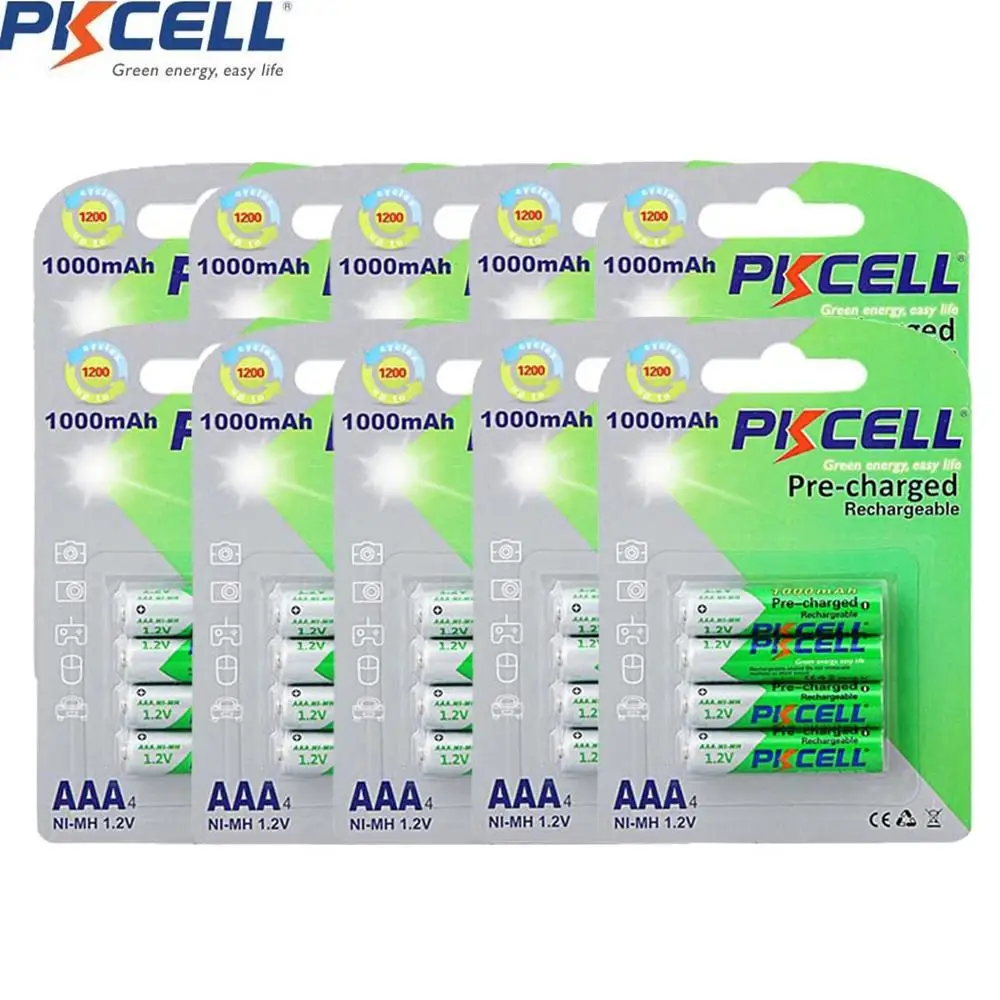 

40Pcs/10Pack PKCELL NIMH 1.2V AAA 1000mAh Rechargeable Battery low self discharge battery For camera